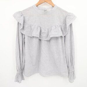ANA Blouse White Gray Striped Ruffle Detail Long Sleeve Round Neck Cotton 0X